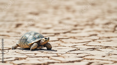 Tortoise traversing cracked desert ground, arid landscape background, wildlife conservation photo