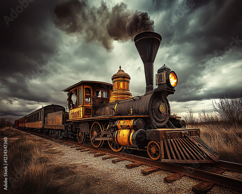 vintage steam locomotive chugging along a track under a dramatic cloudy sky photo