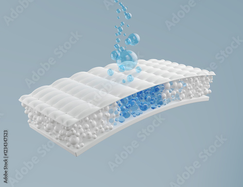 Drops of water flow through a layer of white fabric fiber.diapers and adults, sanitary napkins, mattress pads to absorb, 3d rendering.