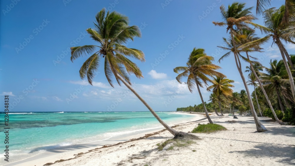 Palm trees stand tall on a tropical island beach with turquoise waters white sand and a relaxed atmosphere, relaxed atmosphere, turquoise water Palm trees stand tall on a tropical island beach with turquoise waters white sand and a relaxed atmosphere, relaxed atmosphere, turquoise water