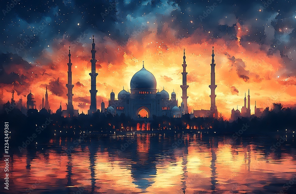 Fototapeta premium Silhouette of mosque against vibrant sunset sky with reflections on water