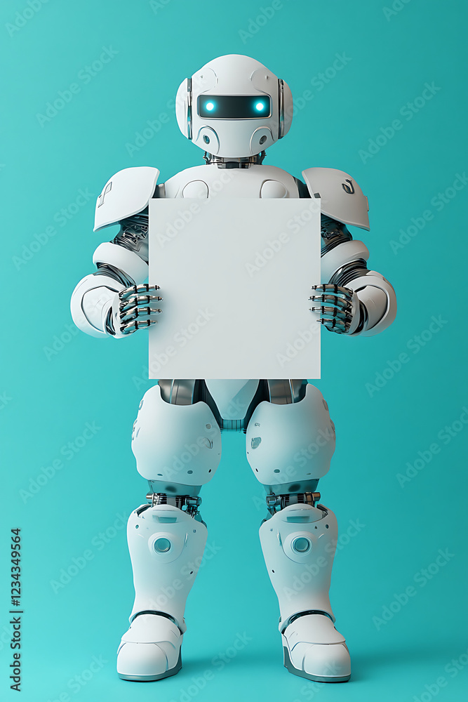 Naklejka premium White Robot Holding Blank Square Sign Against Blue Background