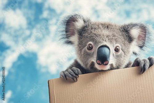 A cute koala is peeking over the edge of a brown cardboard box holding onto one side with its paws against a blue sky background. photo