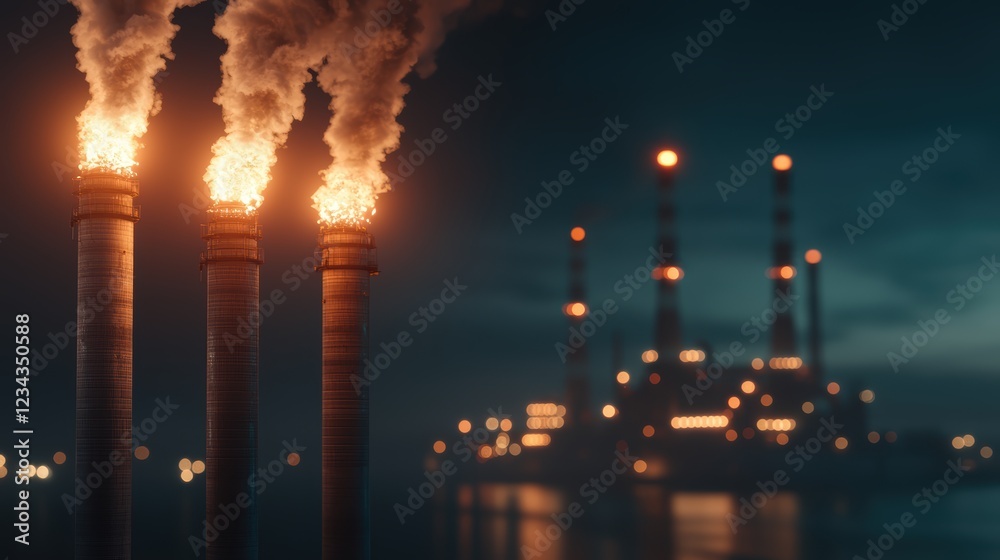 Obraz premium Industrial Facility with Large Chimneys Emitting Smoke in a Night Scene