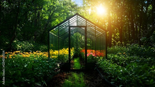 Glass Greenhouse in a Lush Green Garden
