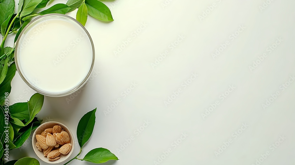 Glass of Milk with Granola and Leaves Glass of Milk with Granola and Leaves