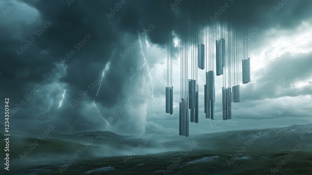 Fototapeta premium Stormy landscape, metallic objects hanging, ominous clouds, digital art, fantasy