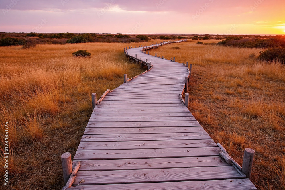 Fototapeta premium serene natural landscape at sunset wooden boardwalk grasses