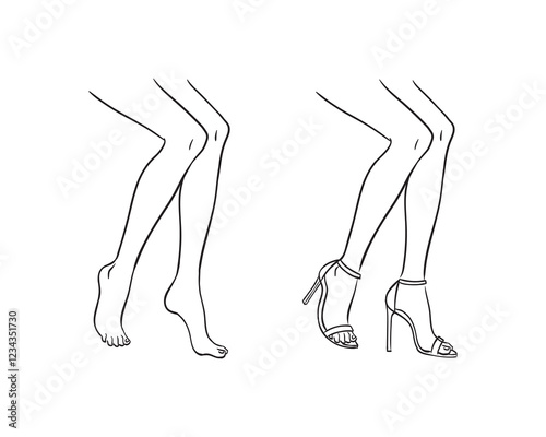 Vector fashion line sketch illustration of beautiful, slim female legs, isolated on a white background. High-heeled fashion feet template. Women's legs and feet croquis.