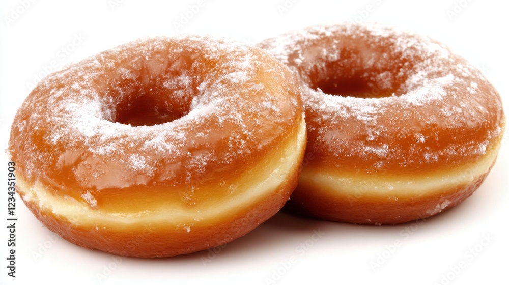 Freshly baked, glazed donuts with powdered sugar on a white background, showcasing their texture and appeal Freshly baked, glazed donuts with powdered sugar on a white background, showcasing their texture and appeal