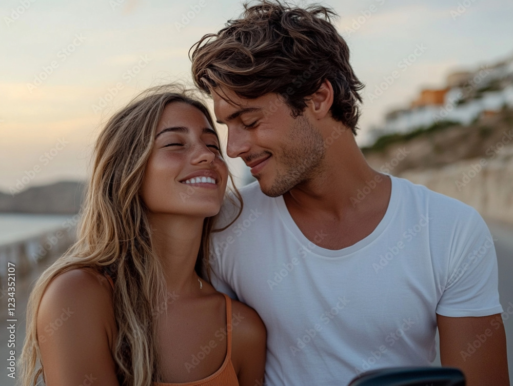 Obraz premium Couple enjoying sunset on a picturesque beach stroll