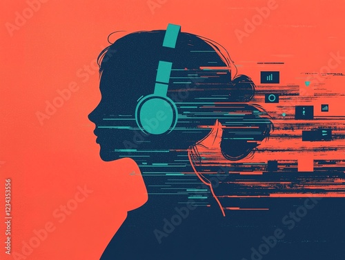 Silhouette of a woman wearing headphones against a vibrant background, symbolizing music and digital connectivity. Esports