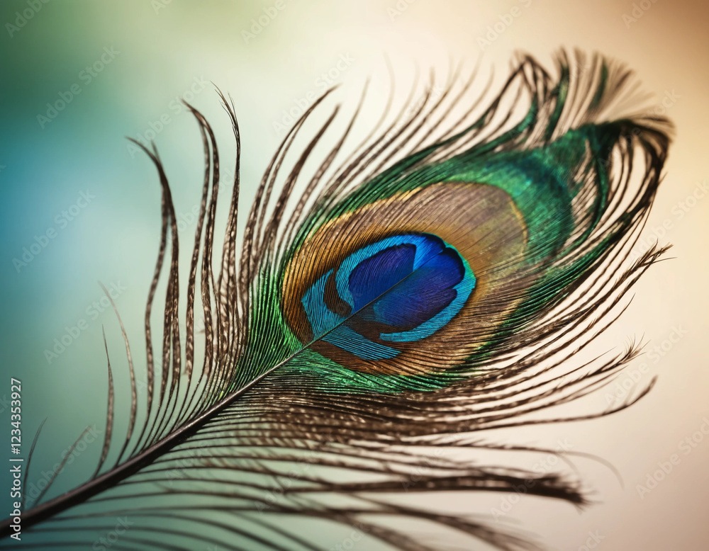 Obraz premium A single peacock feather, isolated against a softly blurred background
