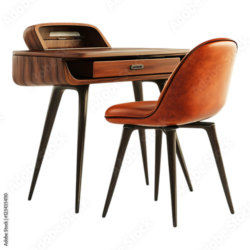 PNG Mid-Century Modern Desk and Chair Set Against Transparent Background for Office, Home, or Interior Design Projects photo