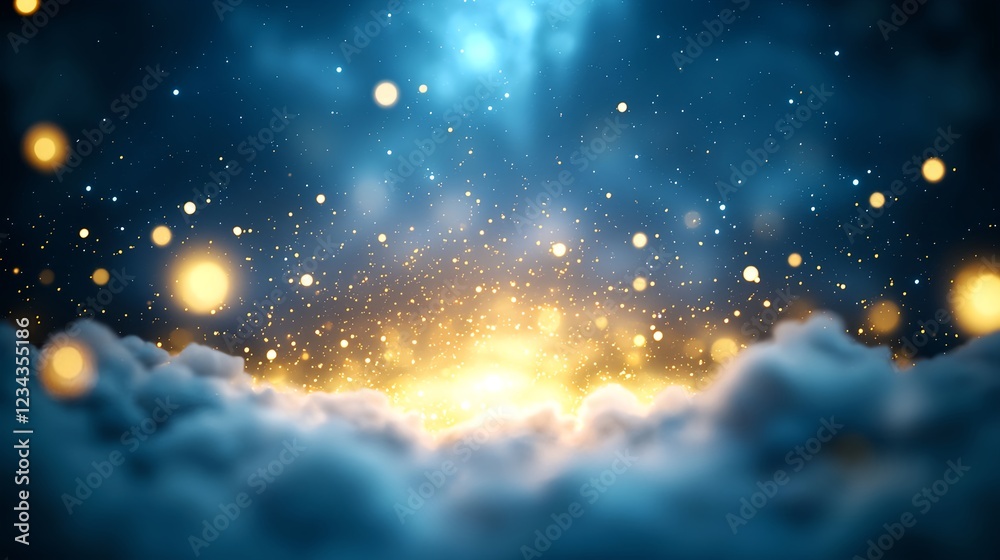 Obraz premium Glowing Golden Particles Above Blue Clouds