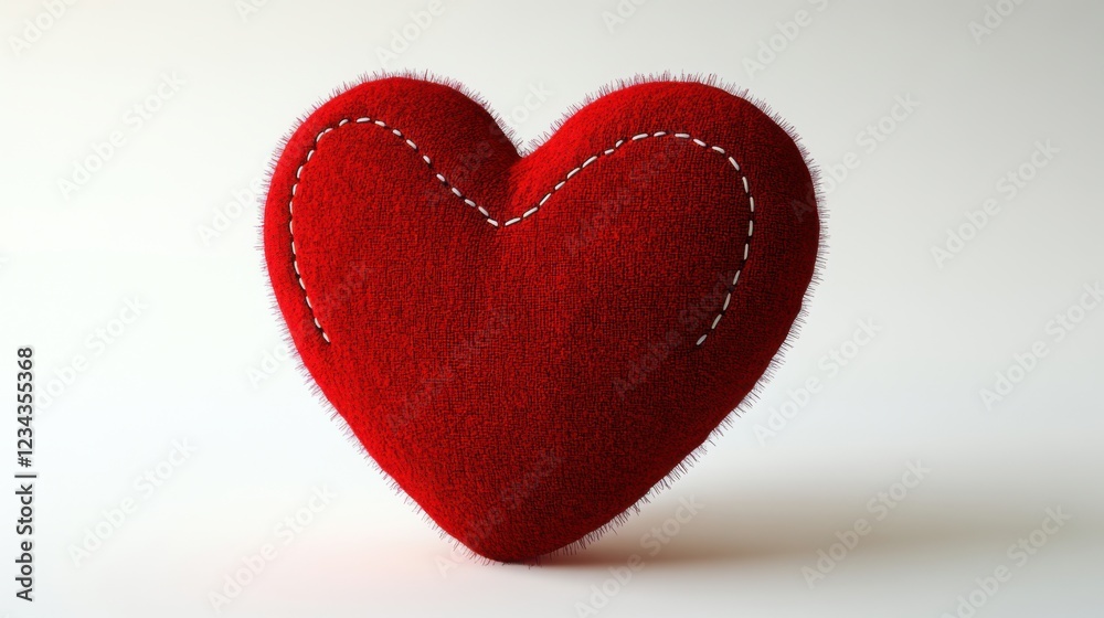 Soft Red Heart Plush Toy with White Stitching on Plain Background Soft Red Heart Plush Toy with White Stitching on Plain Background
