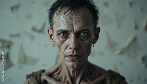 Hyperrealistic 3D Render of a Thin, Weathered Man with Deep-Set Eyes and a Pensive Expression