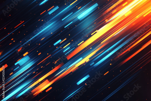 Abstract diagonal lines, blue and orange, dark background.