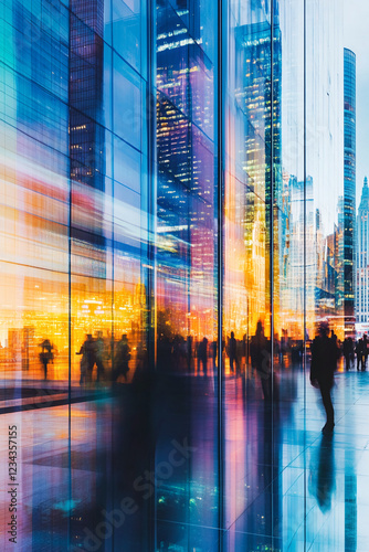 Abstract view of a modern city with reflections in glass buildings, showcasing the busy urban life and the dynamic energy of the city, symbolizing movement and business.