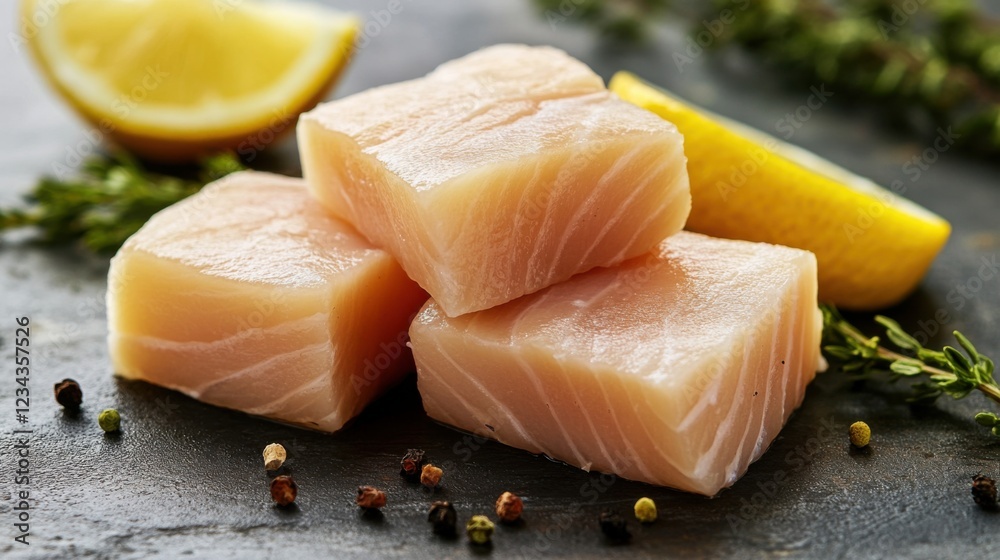Fresh salmon fillets arranged on a dark stone surface with lemon slices and herbs nearby Fresh salmon fillets arranged on a dark stone surface with lemon slices and herbs nearby