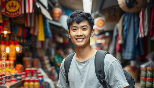 Young Asian traveling backpacker in Khaosan Road outdoor market , with white tonespng photo