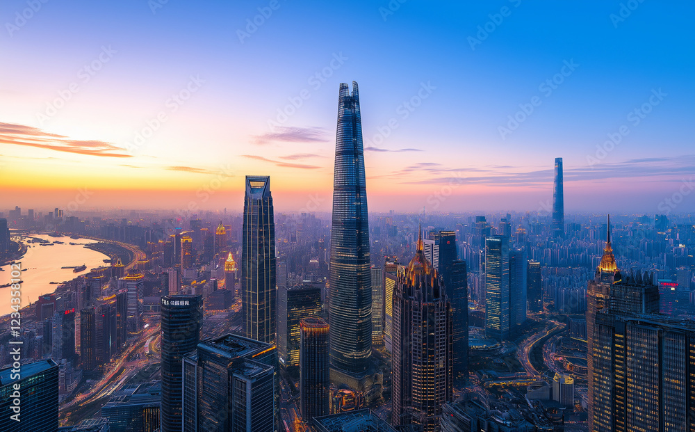 Fototapeta premium Colorful twilight sky over the financial districts modern skyline.