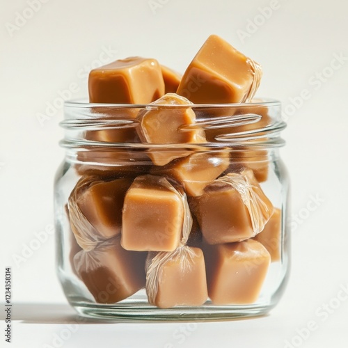 A glass jar filled with golden-brown caramel toffees sits against a clean white background. The toffees, neatly wrapped, exude a glossy allure, inviting indulgence and delight