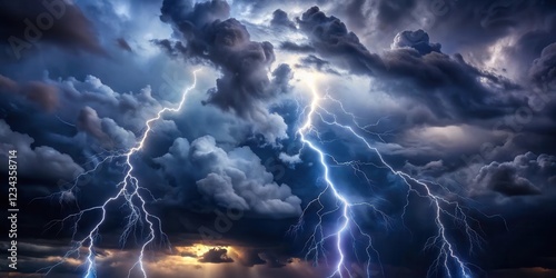 Dense dark clouds with lightning illuminate night sky, nighttime, ominous darkness