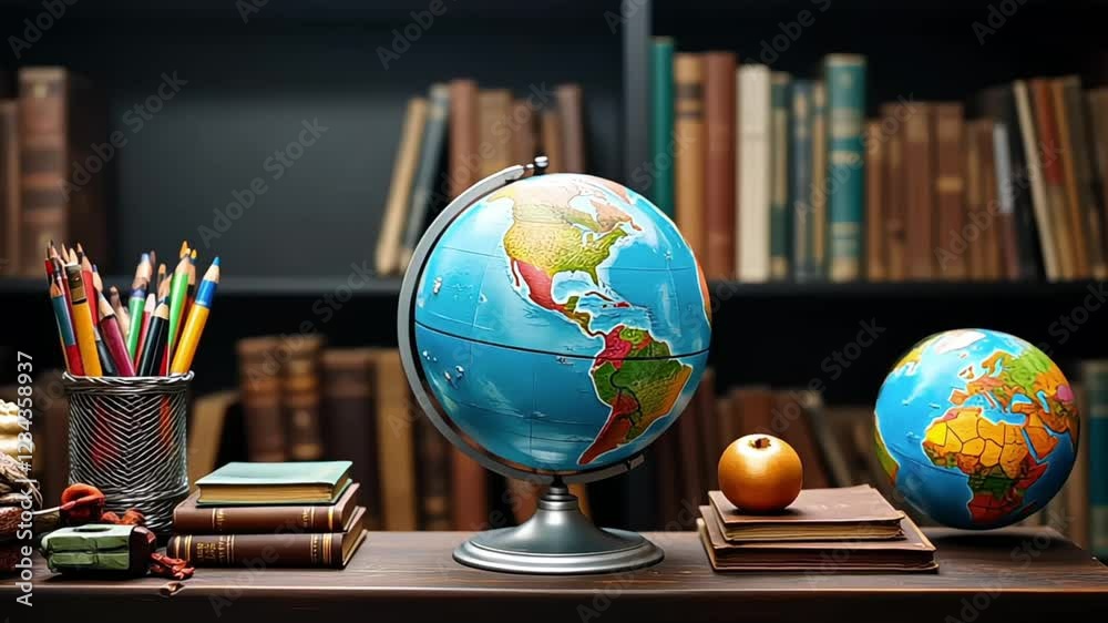 A school table with pencils, collared pencils, a world ball, school books and in the background. back to school
