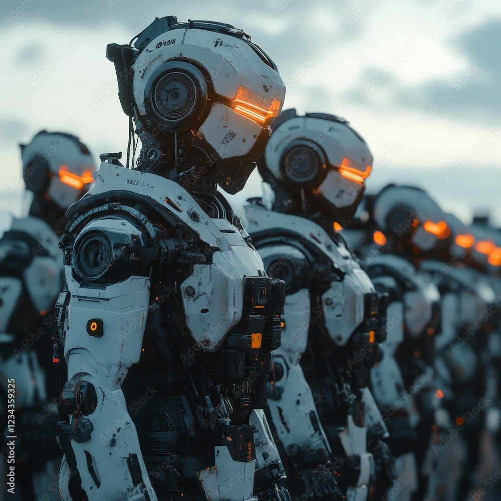 Fototapeta premium A line of advanced humanoid robots, emphasizing the future of AI, automation, and industrial innovation.