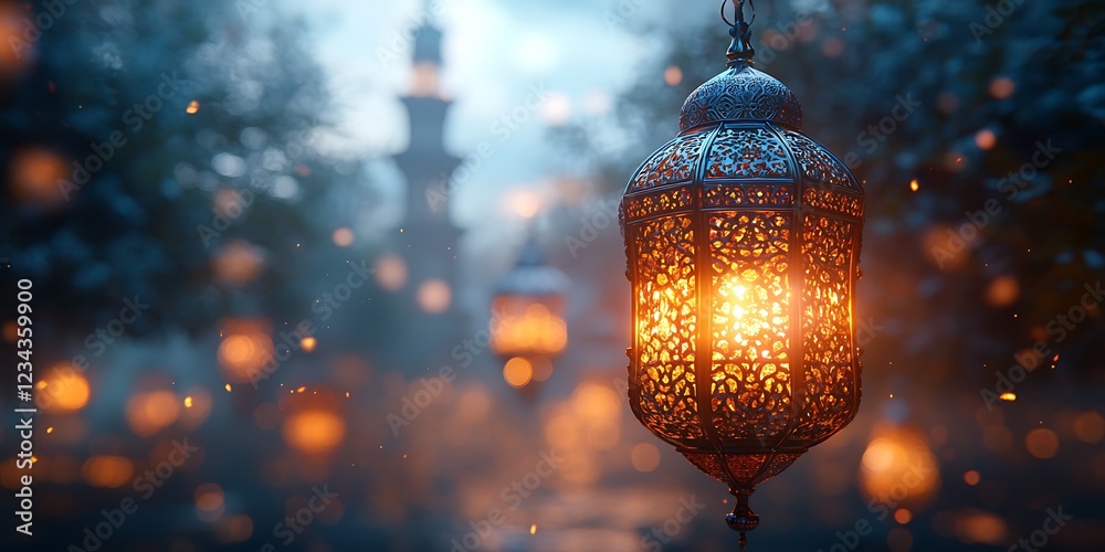 Illuminated lantern with intricate patterns hanging outdoors at twilight with blurred lights in the background
Illuminated lantern with intricate patterns hanging outdoors at twilight with blurred lights in the background