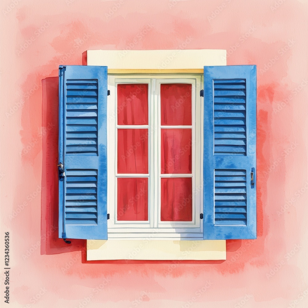 Fototapeta premium Mediterranean Style Blue Shutters and Red Draped Window on Coral Wall