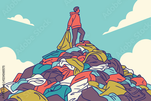 16 Massive pile of discarded clothing, textile waste mountain, environmental pollution, vibrant colors, blue sky background, landfill crisis, fast fashion impact, oversaturation of garments, environme