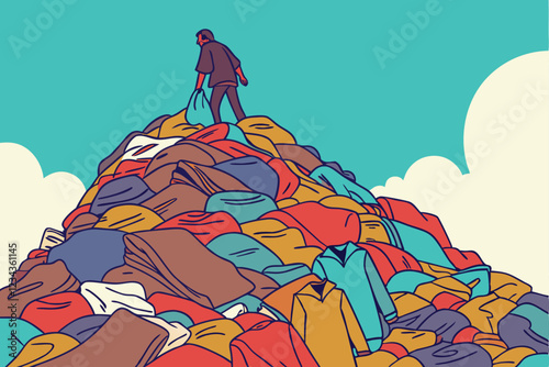 16 Massive pile of discarded clothing, textile waste mountain, environmental pollution, vibrant colors, blue sky background, landfill crisis, fast fashion impact, oversaturation of garments, environme