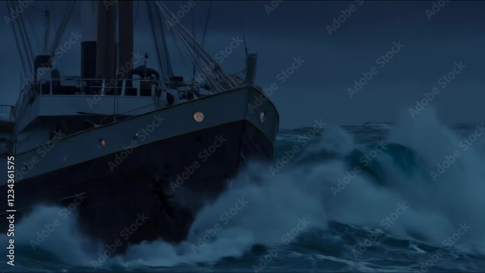 Cargo ship breaking waves in a stormy ocean at night