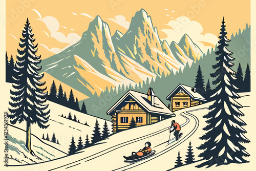 Winter wonderland, snowy alpine village, majestic mountain peaks, golden sunlight, vintage ski poster style, children sledding, pine trees, wooden chalets, picturesque landscape, nostalgic atmosphe