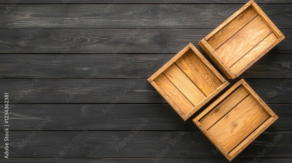 Three Empty Wooden Crates on Dark Rustic Wood Background Top View Three Empty Wooden Crates on Dark Rustic Wood Background Top View
