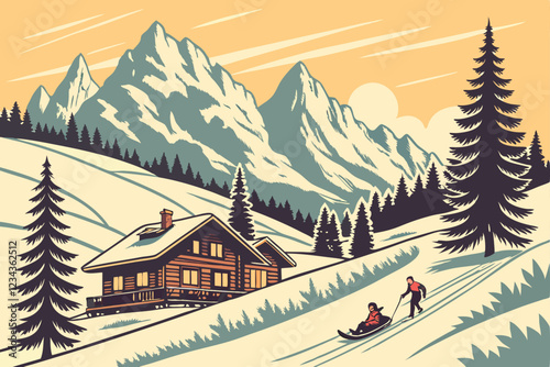 Winter wonderland, snowy alpine village, majestic mountain peaks, golden sunlight, vintage ski poster style, children sledding, pine trees, wooden chalets, picturesque landscape, nostalgic atmosphe