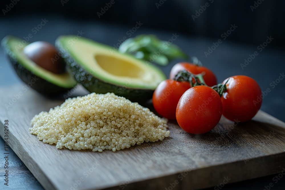A vibrant quinoa bowl with avocado and cherry tomatoes, showcasing healthy ingredients on a wooden surface, ideal for nutritious meals or recipes. A vibrant quinoa bowl with avocado and cherry tomatoes, showcasing healthy ingredients on a wooden surface, ideal for nutritious meals or recipes.