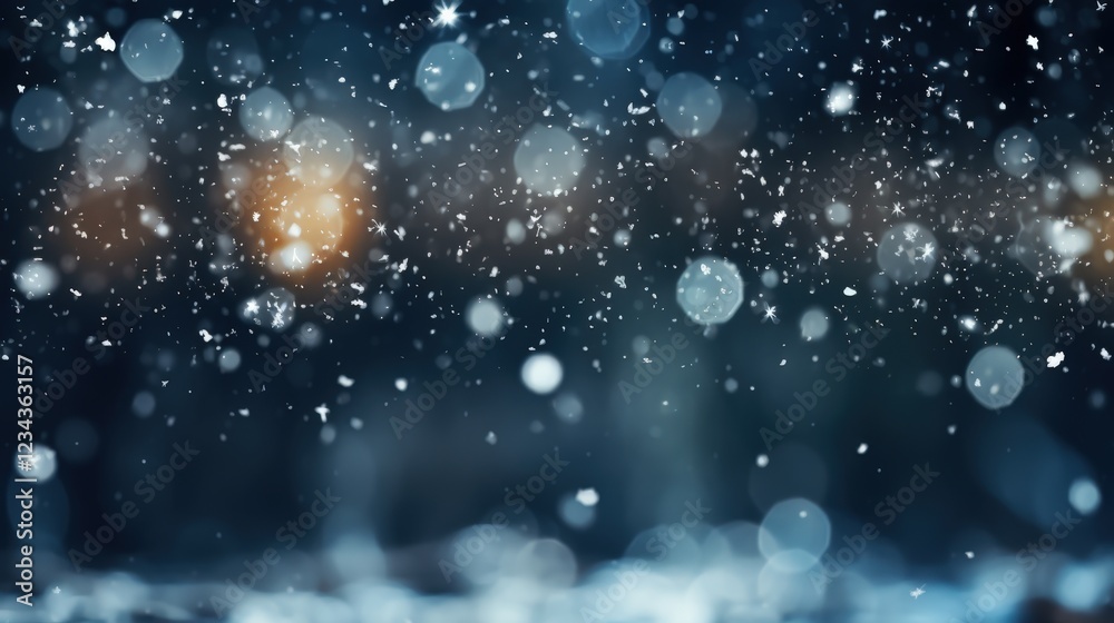 Obraz premium Captivating Bokeh Effect of White Snowflakes Gently Falling on a Dark Background with Soft Glows and a Dreamy Atmosphere