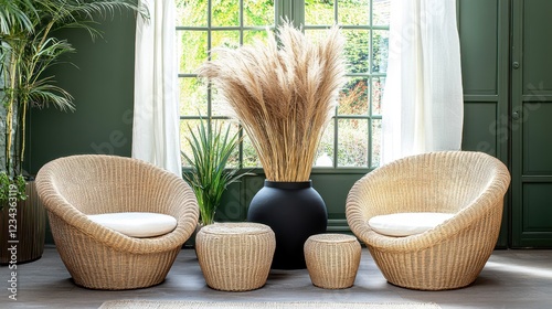 Stylish Bohemian Living Space Rattan Chair Tall Pampa Grass photo