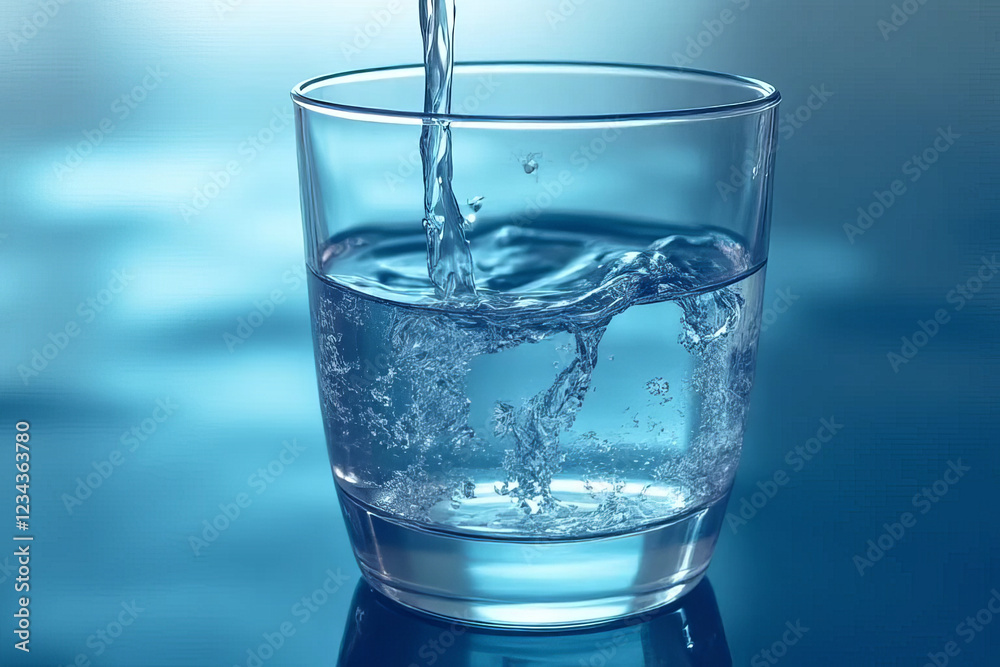 Fresh water pouring into clear glass, creating ripples and bubbles Fresh water pouring into clear glass, creating ripples and bubbles