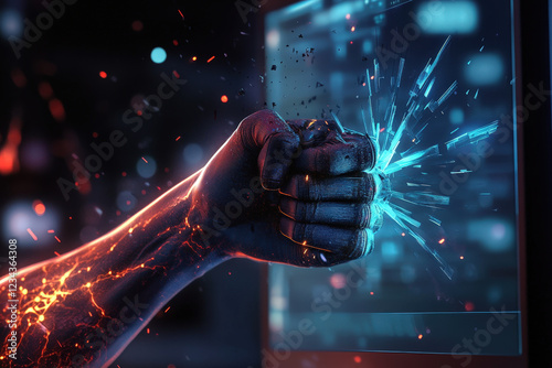 Eine Hand, zu einer Faust geballt, schlägt mit Energie auf ein Ziel, das die Kraft und Entschlossenheit symbolisiert, die Technologie und menschliche Stärke vereint
