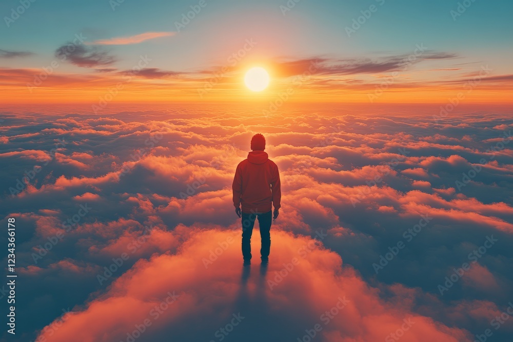 Person standing on clouds at sunrise, capturing a serene moment in nature's beauty Person standing on clouds at sunrise, capturing a serene moment in nature's beauty