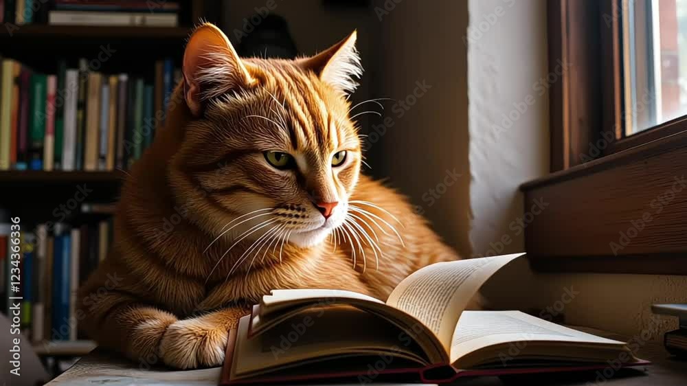 Smart cat reading a book in the library Smart cat reading a book in the library