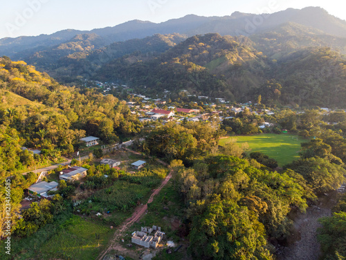 Beautiful Tropical Valley with river and rainforest in Mexico, Oaxaca state. Aerial drone photo
