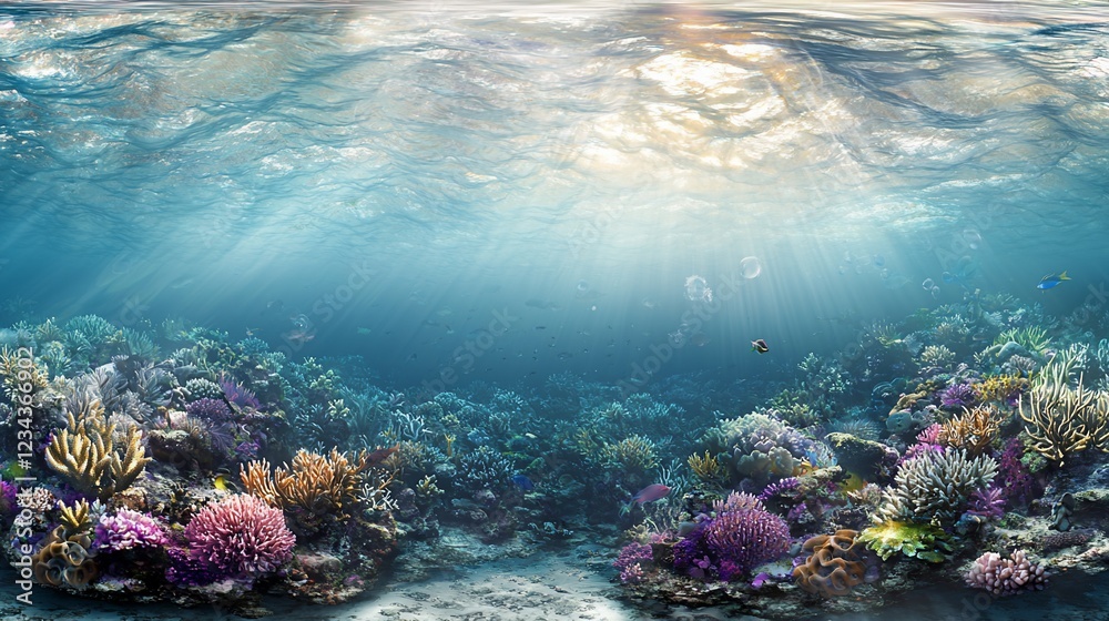Naklejka premium Vibrant Coral Reef Underwater Scene With Sunlight Rays