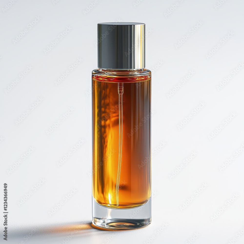 Elegant amber glass perfume bottle with metallic cap on minimalist white background