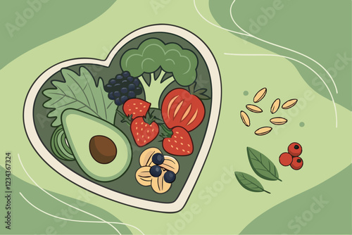  Heart-shaped bowl, fresh vegetables and fruits, colorful produce, healthy eating, green background, overhead view, balanced diet, nutrition concept, vibrant colors, avocado, broccoli, tomatoes, ber