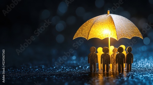Corporate executive shielding employees under a risk protection umbrella, enterprise risk management, business leadership in crisis